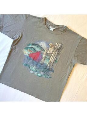VTG 90s Northern Reflections Dog Relaxing Canoe Lake Scene Tee Shirt Size L